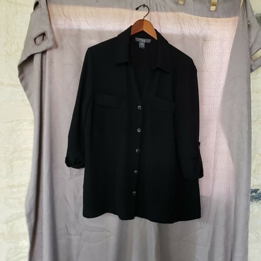 Olivia & Martin Shirt Womens 2X Black 100% Polyester Button Up Tunic 3/4 Sleeve